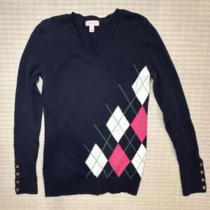 Lilly Pulitzer Women's Knit Argyle Pullover Sweater Navy Pink V-Neck S